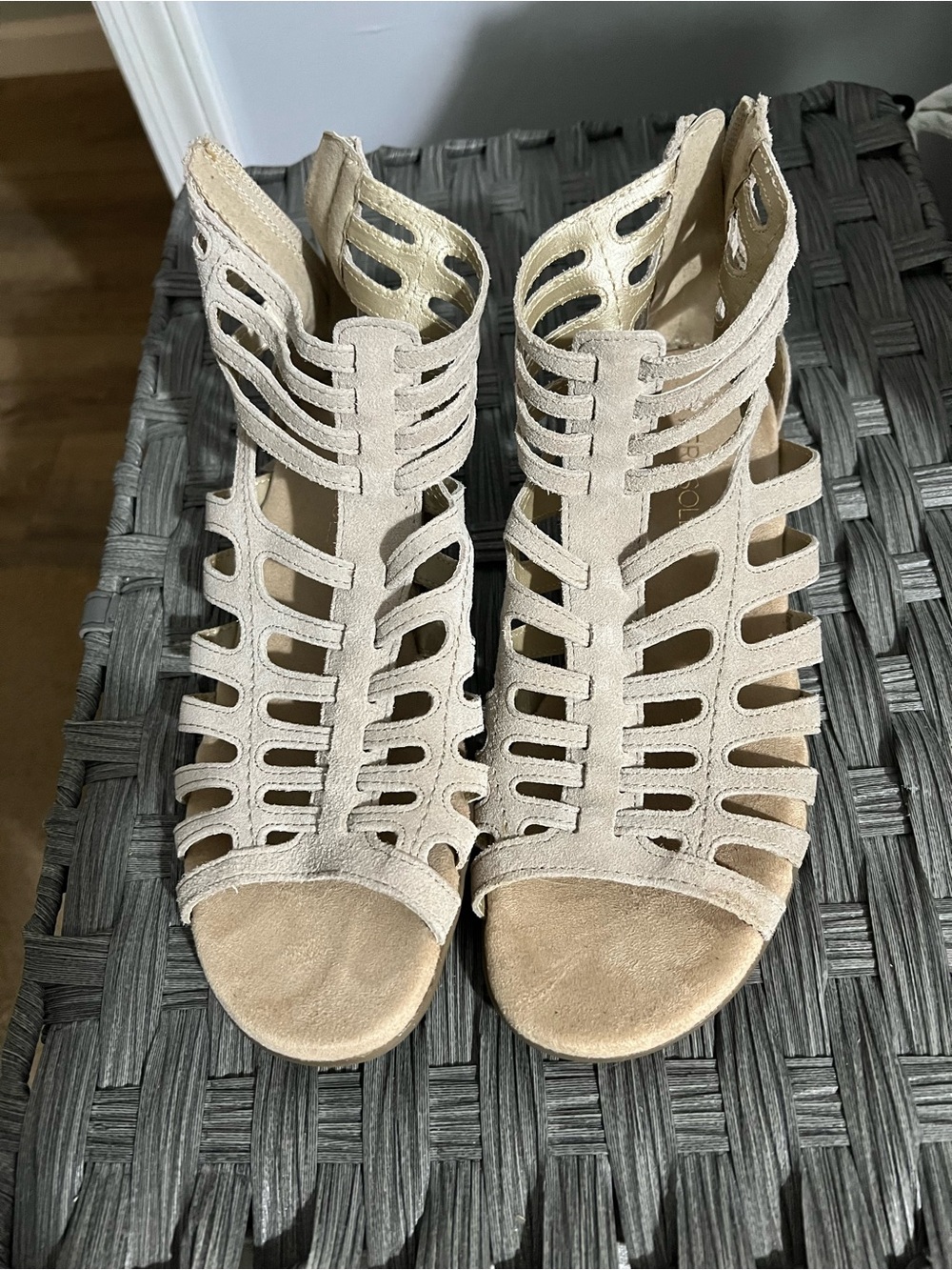 AEROSOLES Neutral Cutout Suede Cage Heeled Sandals
